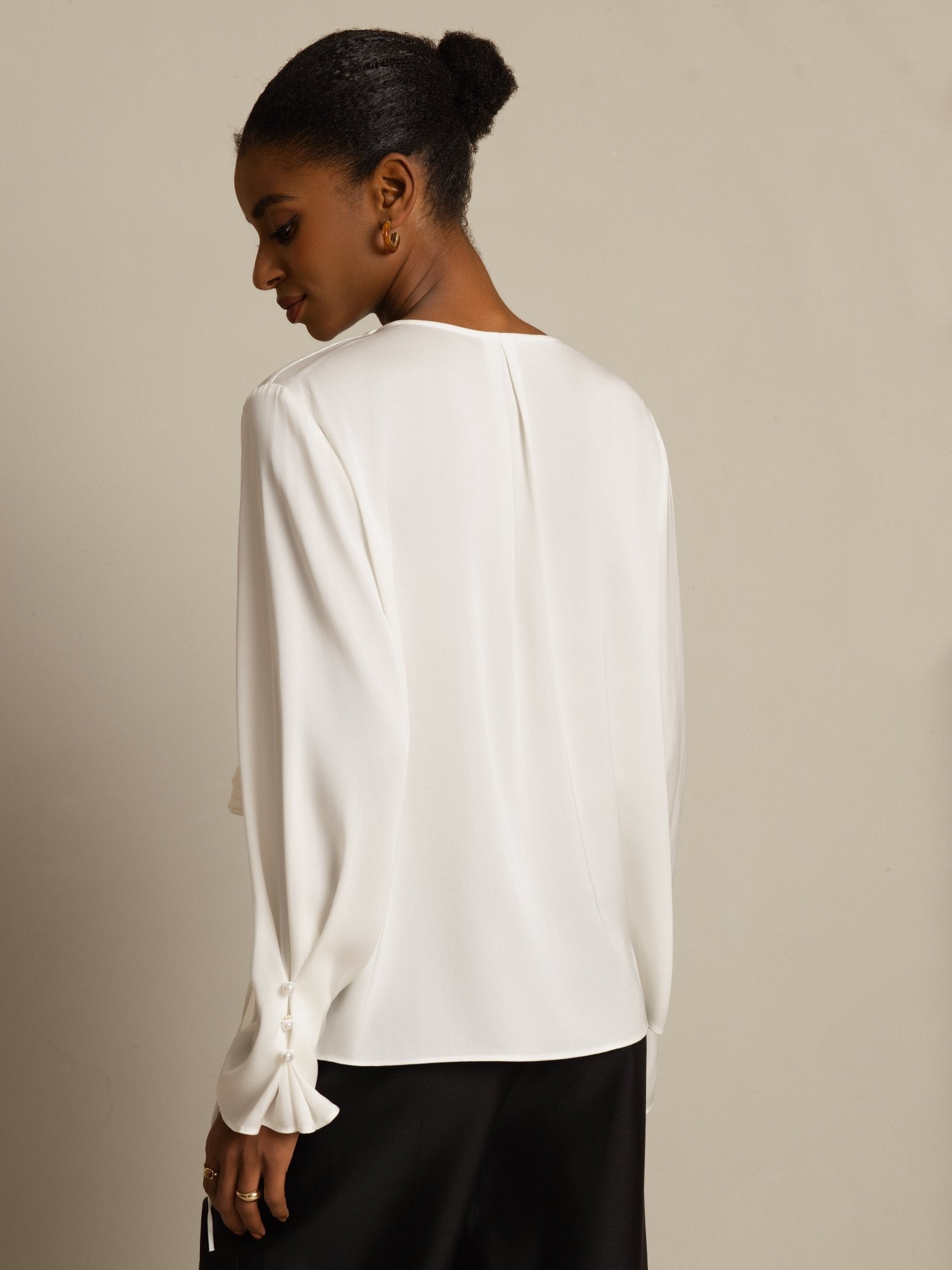 [White] SilkSilky  Long Sleeve V Neck Women's Blouse 002