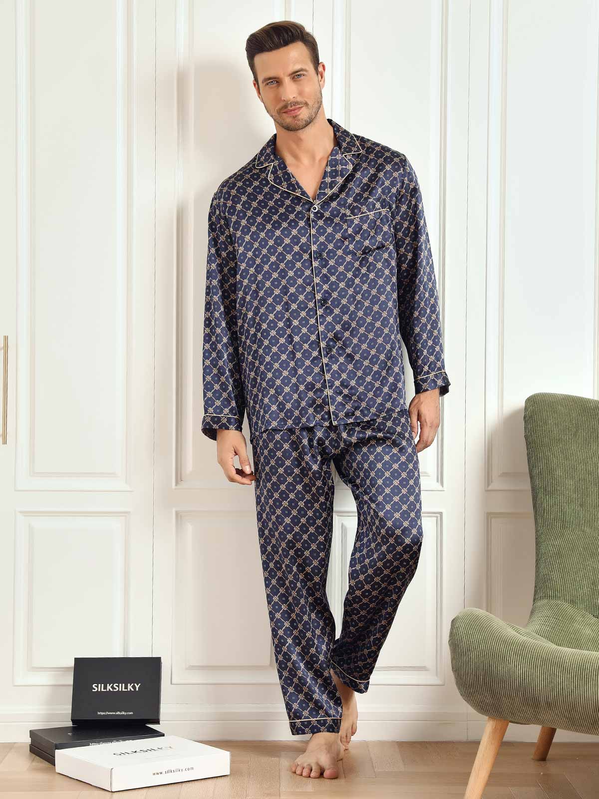 [Navy Chain] SilkSilky  Long Sleeve Lapel Collar Men's Pajamas 002