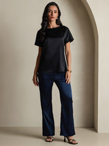 [Black] SilkSilky  Short Sleeve Boat Neck Women's T-Shirt 006