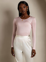 [Coral Pink] SilkSilky  Long Sleeve Round Neck Women's T-Shirt 003