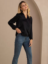 [Black] SilkSilky  Long Sleeve Wrap Women's Blouse 004