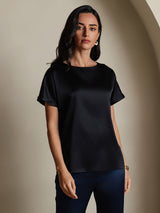 [Black] SilkSilky  Short Sleeve Boat Neck Women's T-Shirt 001