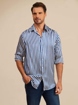 [Navy Stripe] SilkSilky  Long Sleeve Lapel Collar Men's Shirt 005