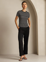 [Black Stripe] SilkSilky  Short Sleeve Crew Neck Women's T-Shirt 006