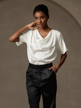 [White] SilkSilky  Short Sleeve Cowl Neck Women's Blouse 005