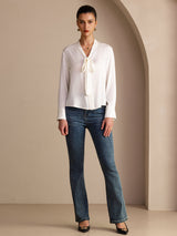 [White] SilkSilky  Long Sleeve Tie Neck Women's Blouse 007