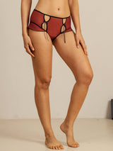 Burgundy sheer silk cut-out panty with front tie detail on model