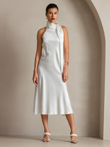 White sleeveless silk midi dress with tie neck and straight fit