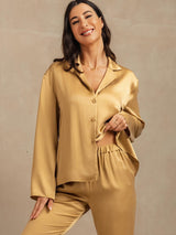 [Tan] SilkSilky  Long Sleeve Lapel Collar Women's Pajamas 007