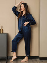 [Dark Blue] SilkSilky  Long Sleeve Lapel Collar Women's Pajamas 006