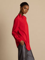 Red 19 momme silk blouse with stand collar, bow neck, and long sleeves