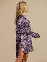 Women’s purple leopard print silk nightshirt with notch collar and high-low hem