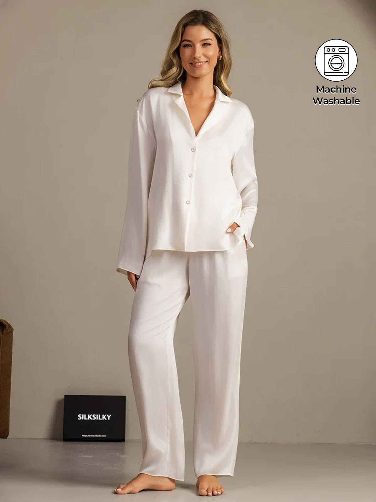 [White] SilkSilky  Long Sleeve Lapel Collar Women's Pajamas 001